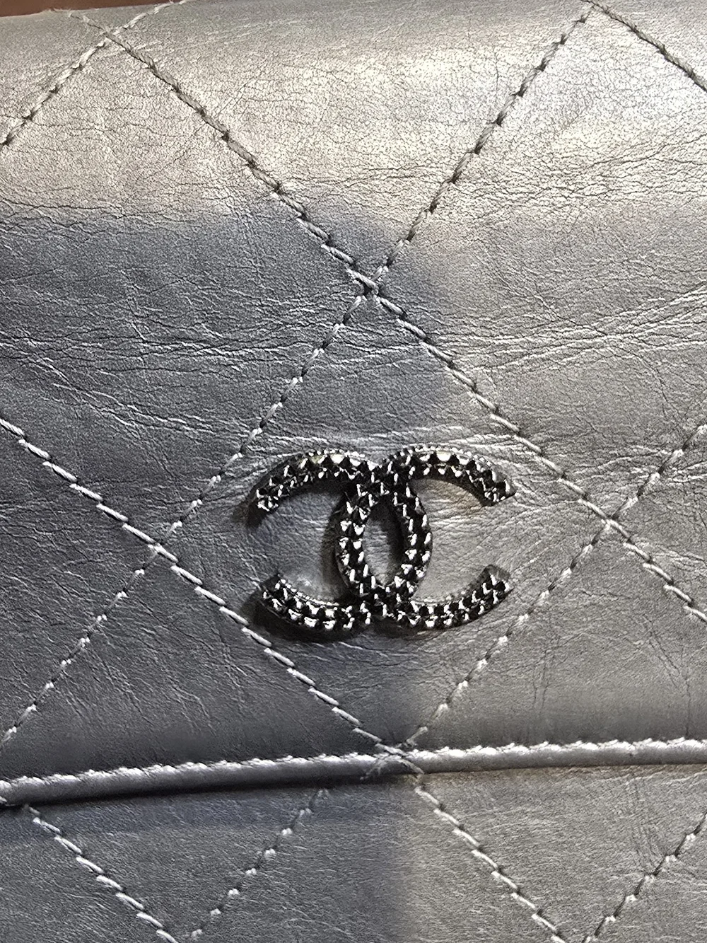 CHANEL Metallic Silver Quilted Leather Long Wallet with Black CC